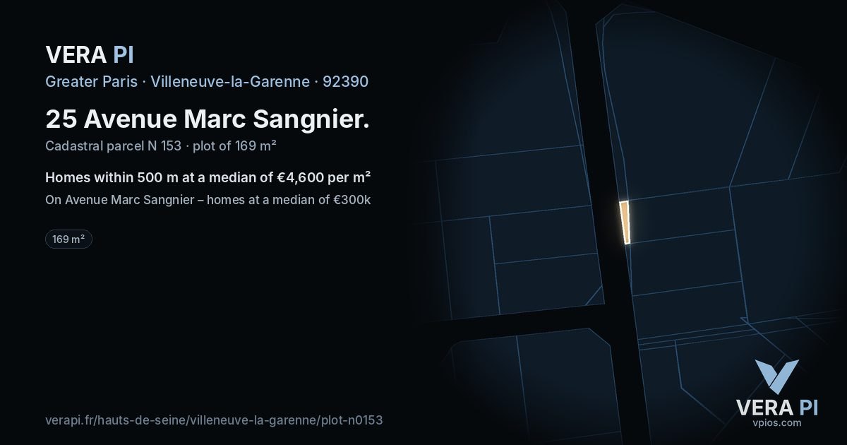 25 Avenue Marc Sangnier, Villeneuve-la-Garenne at night – the plot lit, the parcels around coloured by the prices near them