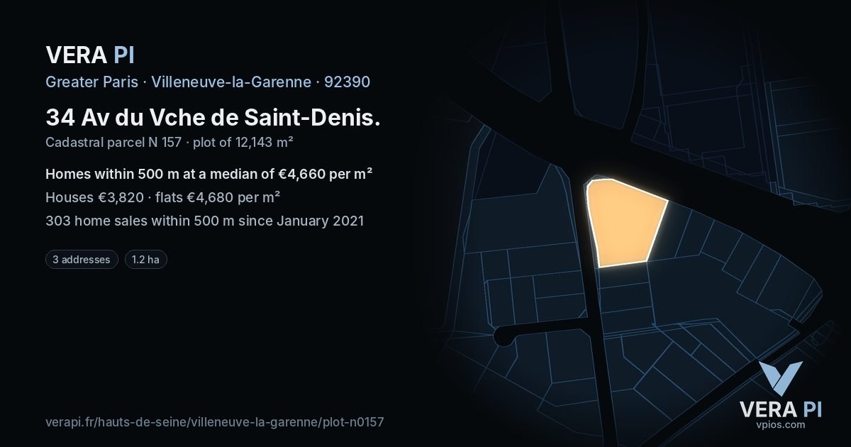 34 Av du Vche de Saint-Denis, Villeneuve-la-Garenne at night – the plot lit, the parcels around coloured by the prices near them