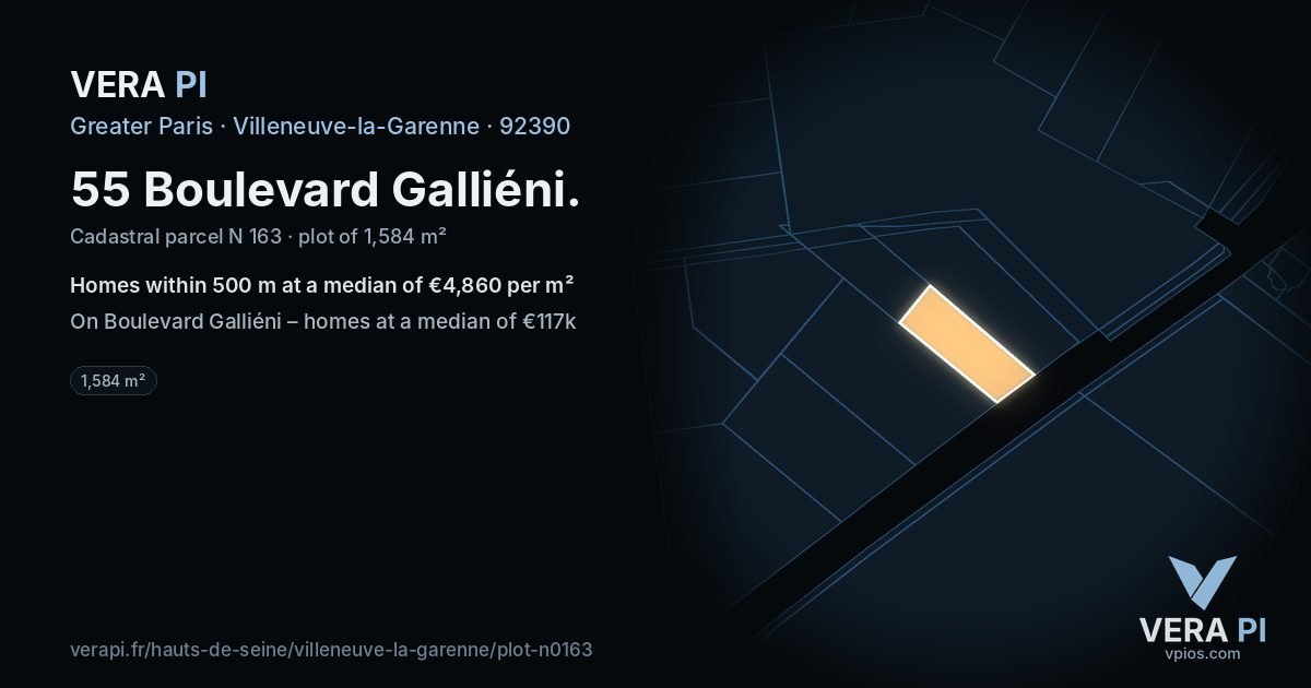 55 Boulevard Galliéni, Villeneuve-la-Garenne at night – the plot lit, the parcels around coloured by the prices near them