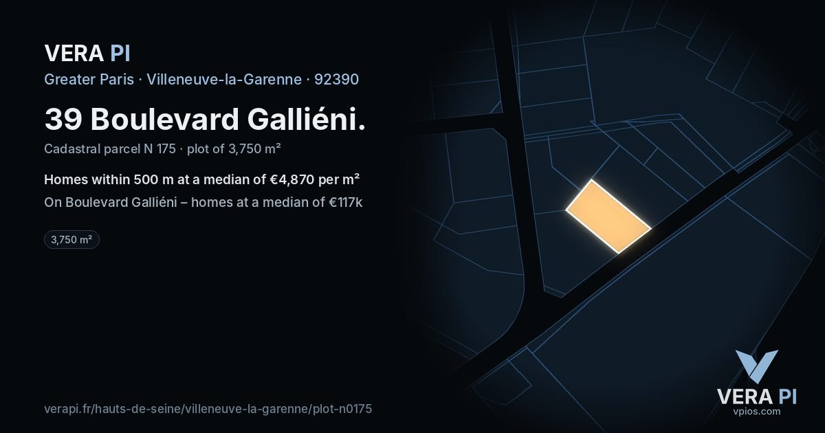 39 Boulevard Galliéni, Villeneuve-la-Garenne at night – the plot lit, the parcels around coloured by the prices near them