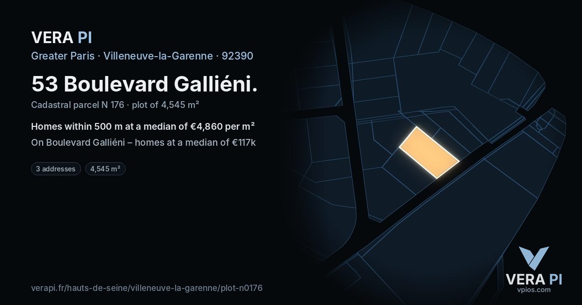 53 Boulevard Galliéni, Villeneuve-la-Garenne at night – the plot lit, the parcels around coloured by the prices near them