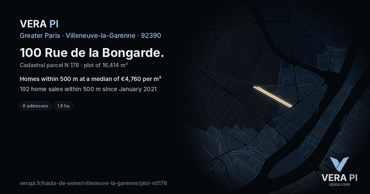 100 Rue de la Bongarde, Villeneuve-la-Garenne at night – the plot lit, the parcels around coloured by the prices near them