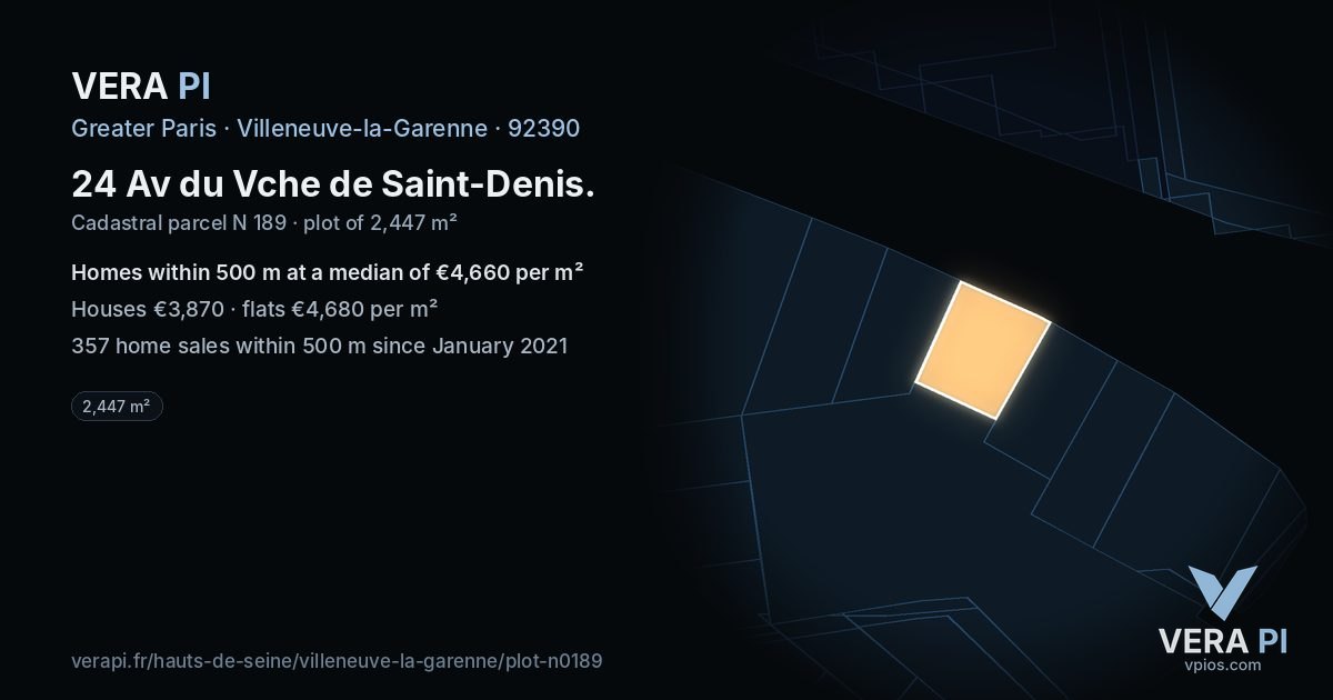 24 Av du Vche de Saint-Denis, Villeneuve-la-Garenne at night – the plot lit, the parcels around coloured by the prices near them