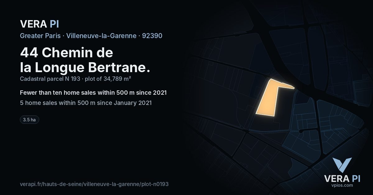 44 Chemin de la Longue Bertrane, Villeneuve-la-Garenne at night – the plot lit, the parcels around coloured by the prices near them