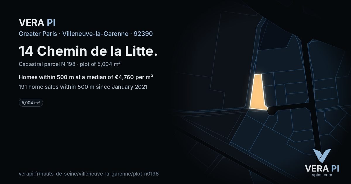 14 Chemin de la Litte, Villeneuve-la-Garenne at night – the plot lit, the parcels around coloured by the prices near them