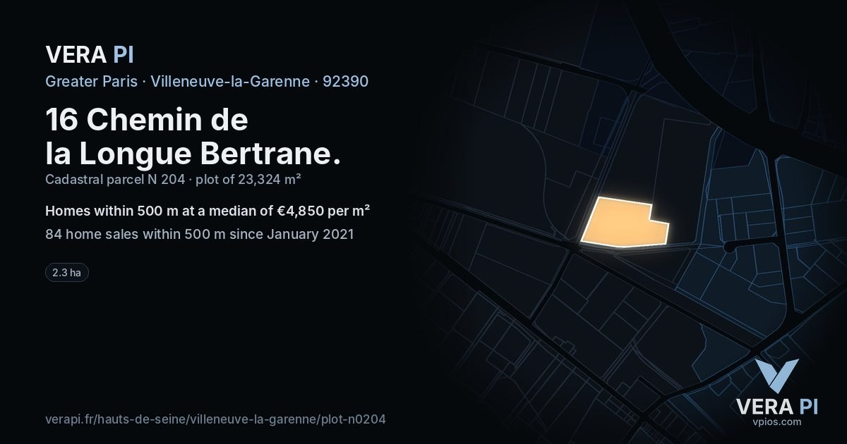 16 Chemin de la Longue Bertrane, Villeneuve-la-Garenne at night – the plot lit, the parcels around coloured by the prices near them