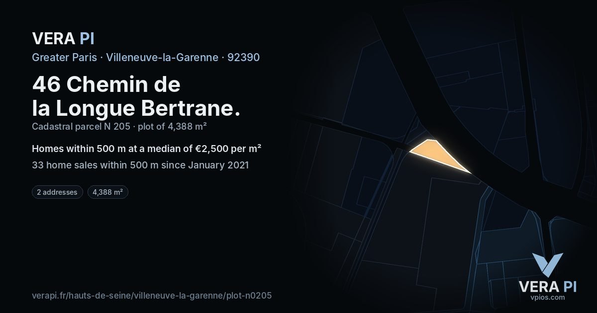 46 Chemin de la Longue Bertrane, Villeneuve-la-Garenne at night – the plot lit, the parcels around coloured by the prices near them