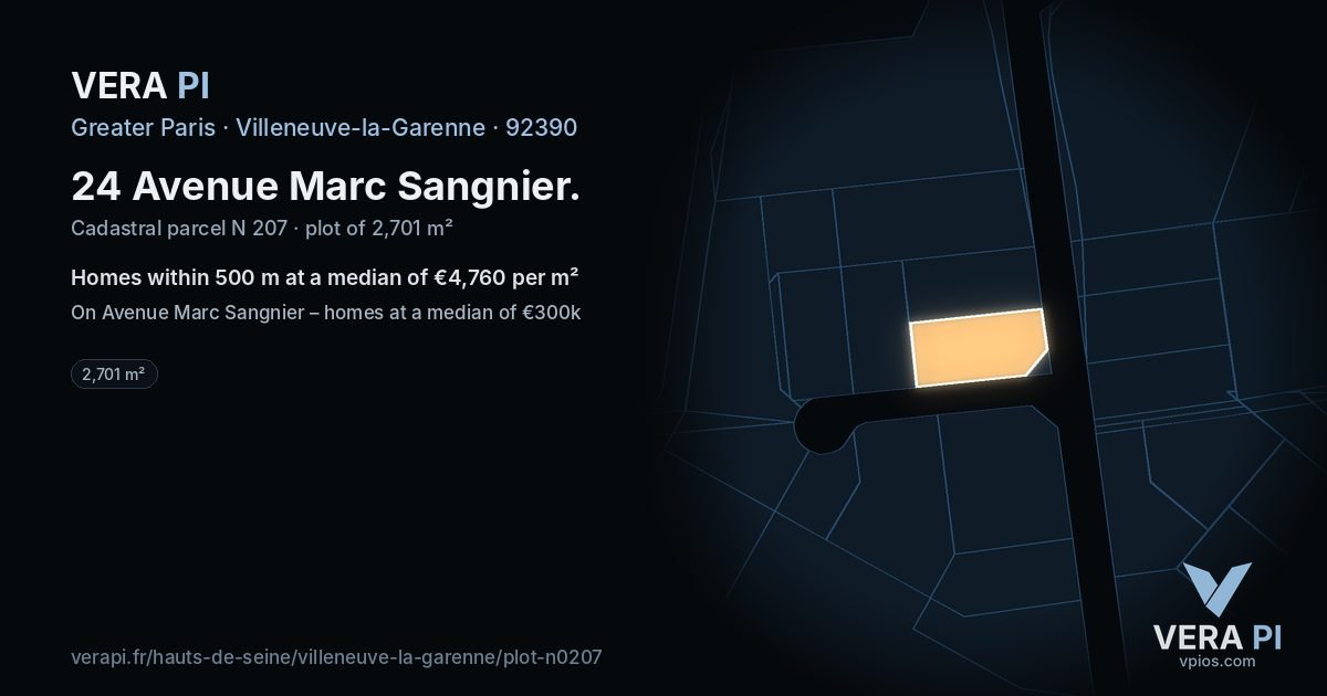 24 Avenue Marc Sangnier, Villeneuve-la-Garenne at night – the plot lit, the parcels around coloured by the prices near them