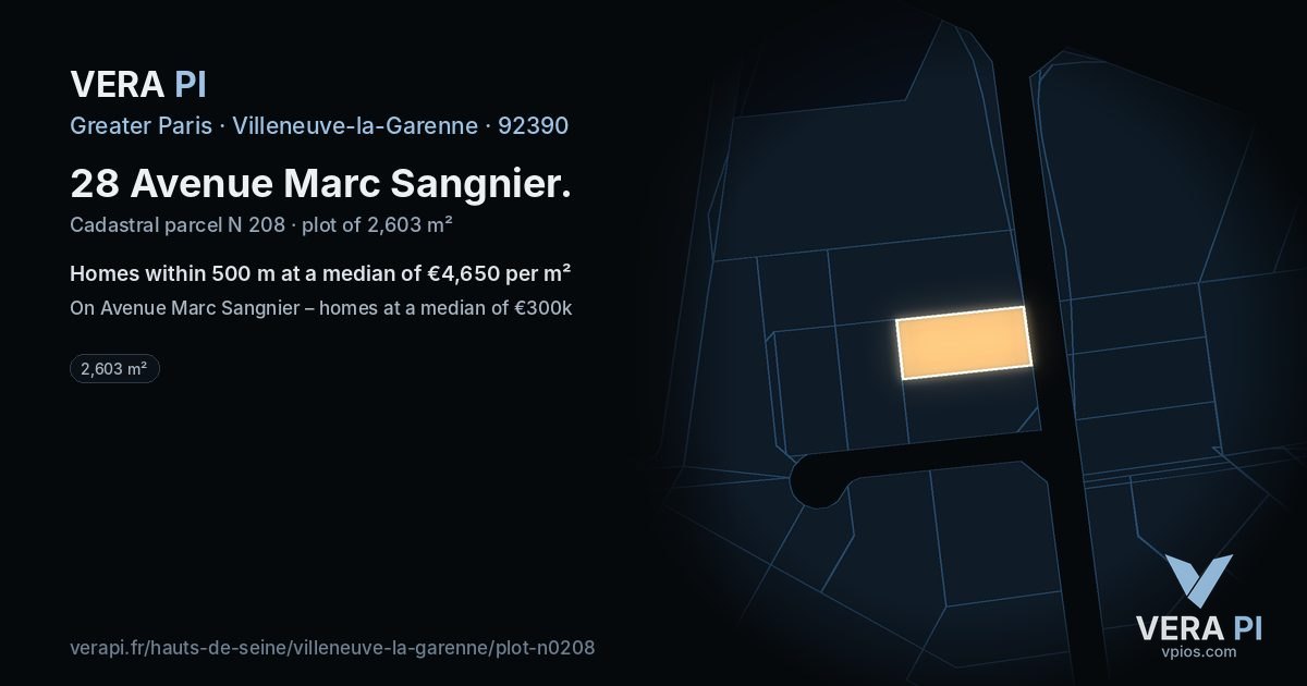 28 Avenue Marc Sangnier, Villeneuve-la-Garenne at night – the plot lit, the parcels around coloured by the prices near them