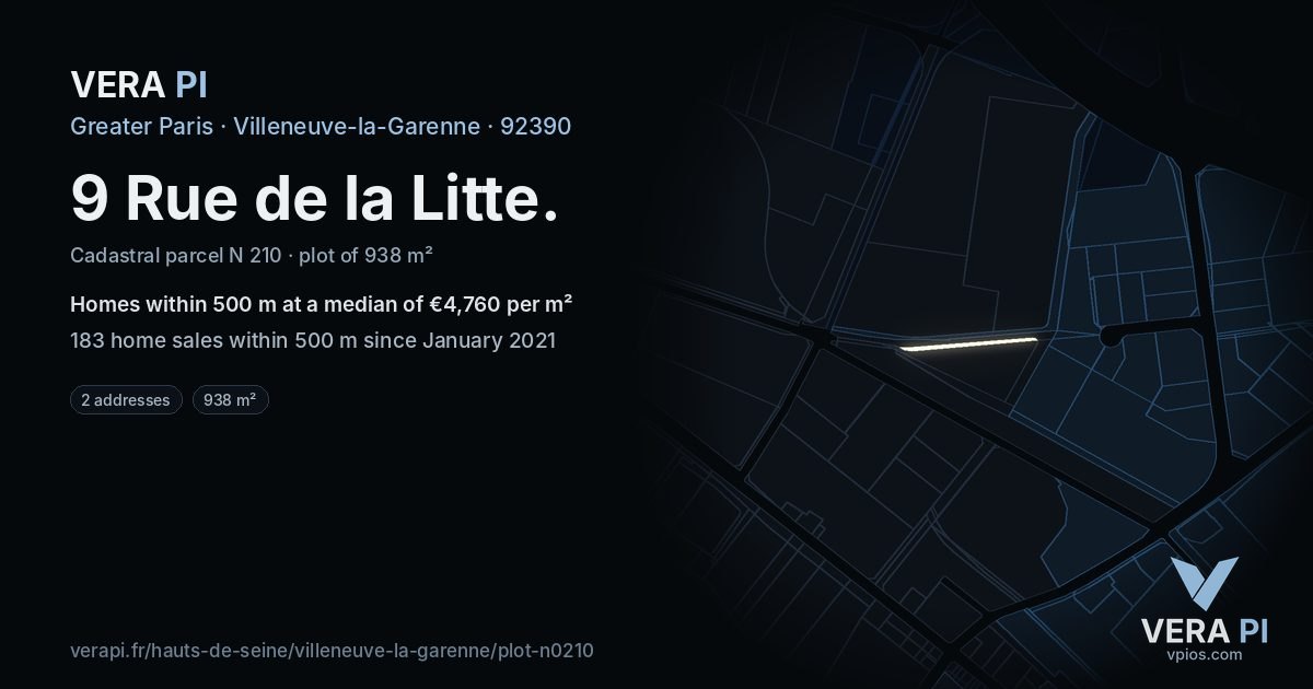 9 Rue de la Litte, Villeneuve-la-Garenne at night – the plot lit, the parcels around coloured by the prices near them