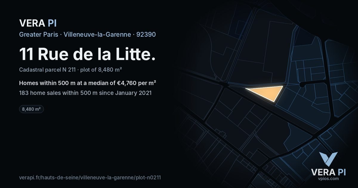 11 Rue de la Litte, Villeneuve-la-Garenne at night – the plot lit, the parcels around coloured by the prices near them