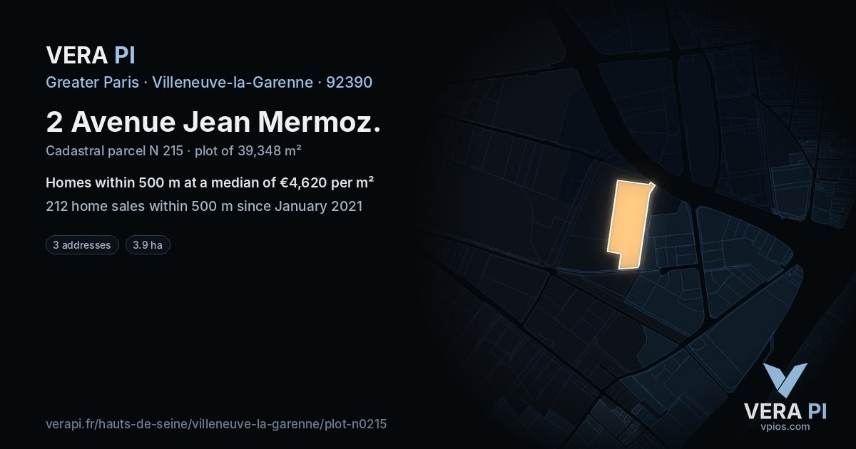 2 Avenue Jean Mermoz, Villeneuve-la-Garenne at night – the plot lit, the parcels around coloured by the prices near them