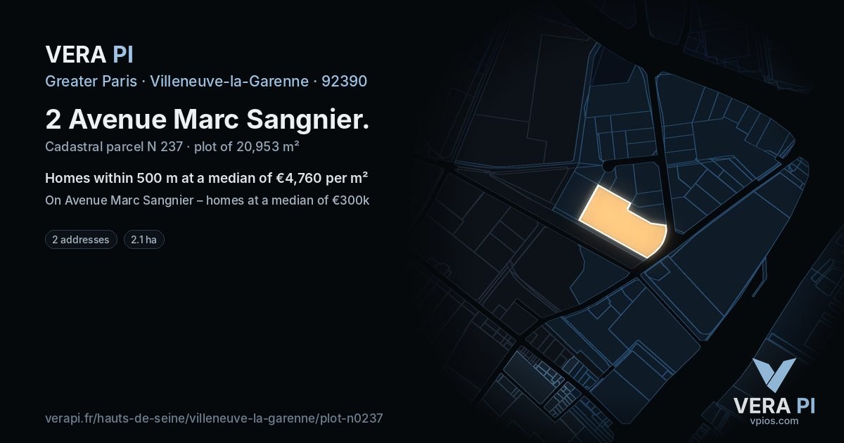 2 Avenue Marc Sangnier, Villeneuve-la-Garenne at night – the plot lit, the parcels around coloured by the prices near them