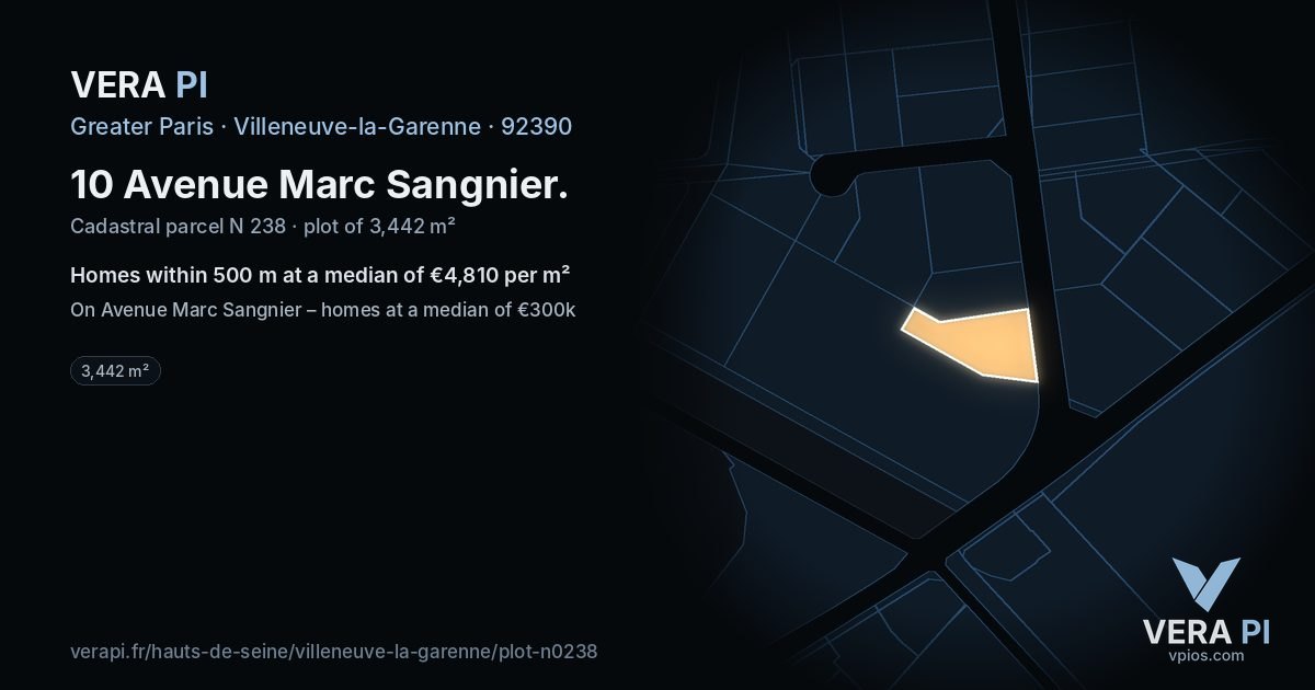 10 Avenue Marc Sangnier, Villeneuve-la-Garenne at night – the plot lit, the parcels around coloured by the prices near them