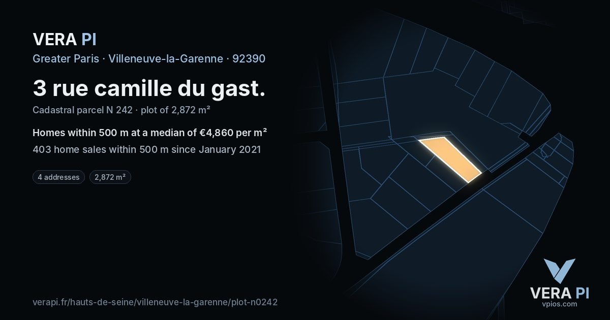 3 rue camille du gast, Villeneuve-la-Garenne at night – the plot lit, the parcels around coloured by the prices near them