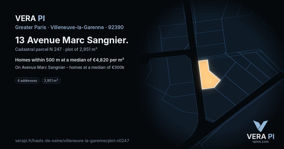 13 Avenue Marc Sangnier, Villeneuve-la-Garenne at night – the plot lit, the parcels around coloured by the prices near them