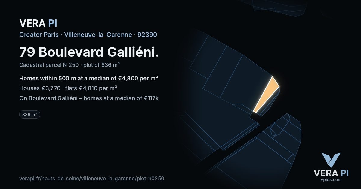79 Boulevard Galliéni, Villeneuve-la-Garenne at night – the plot lit, the parcels around coloured by the prices near them