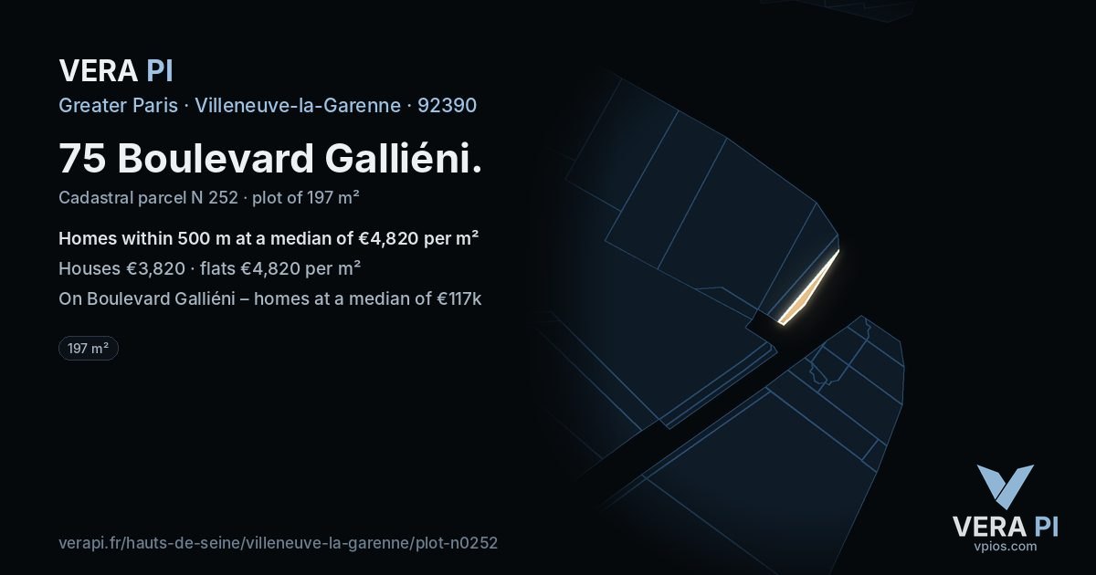75 Boulevard Galliéni, Villeneuve-la-Garenne at night – the plot lit, the parcels around coloured by the prices near them