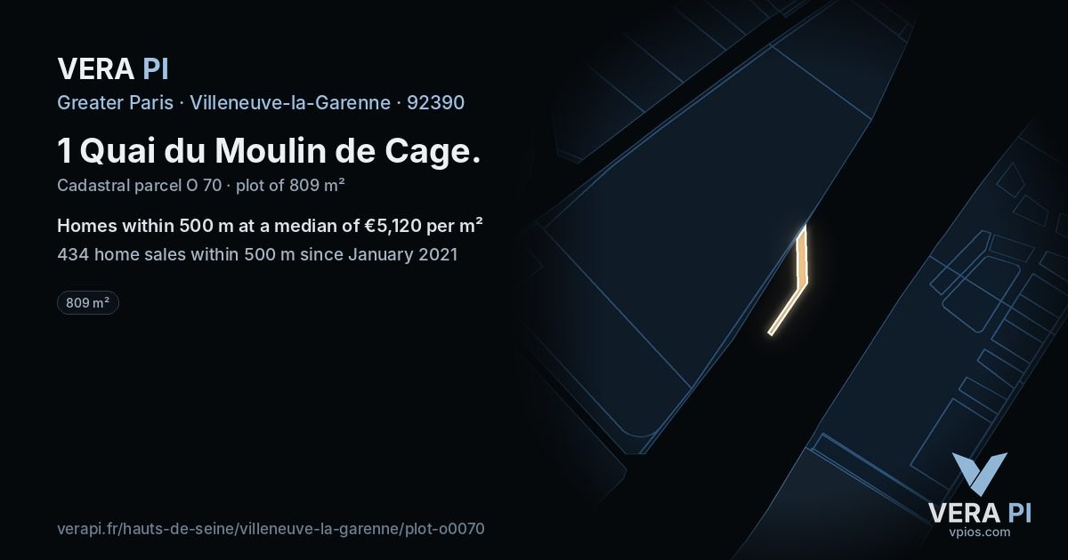 1 Quai du Moulin de Cage, Villeneuve-la-Garenne at night – the plot lit, the parcels around coloured by the prices near them