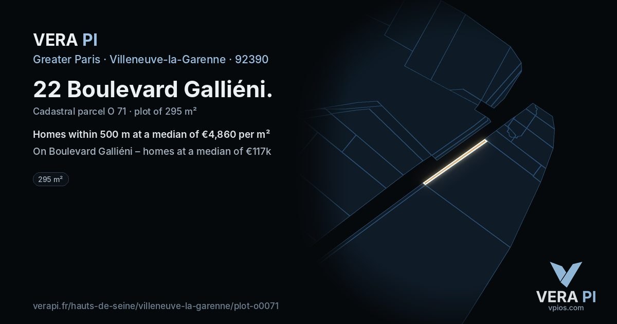 22 Boulevard Galliéni, Villeneuve-la-Garenne at night – the plot lit, the parcels around coloured by the prices near them