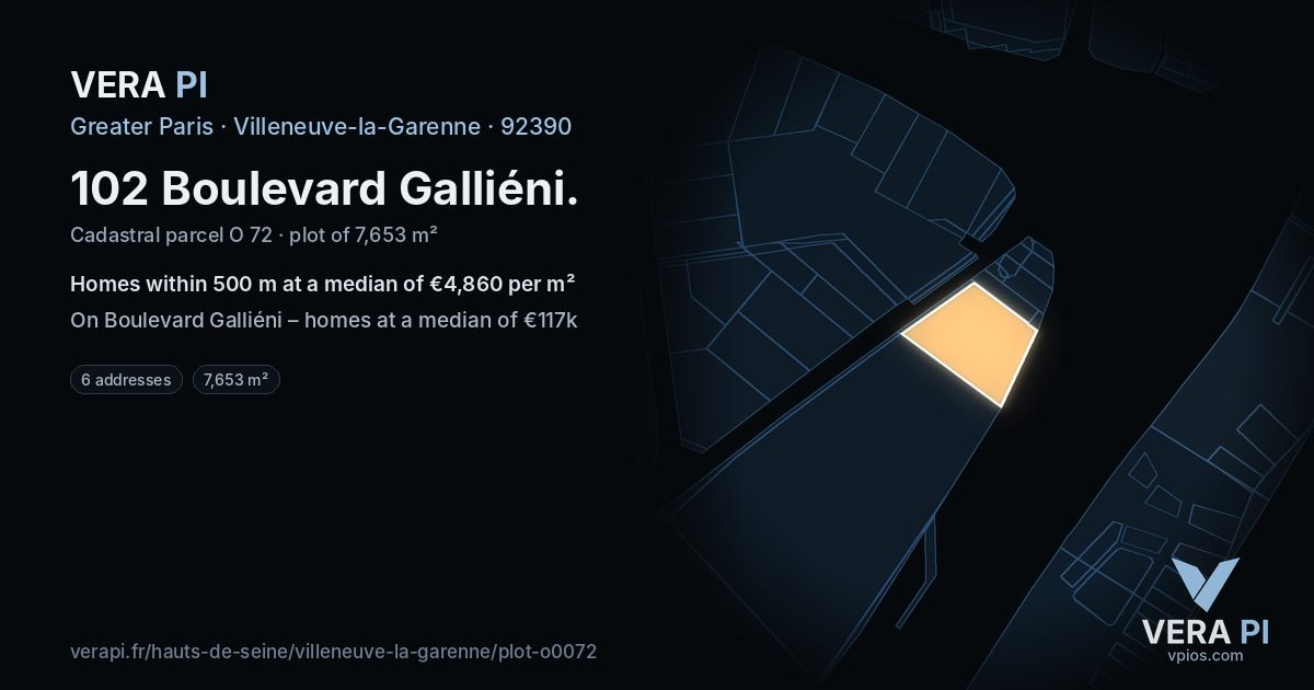 102 Boulevard Galliéni, Villeneuve-la-Garenne at night – the plot lit, the parcels around coloured by the prices near them