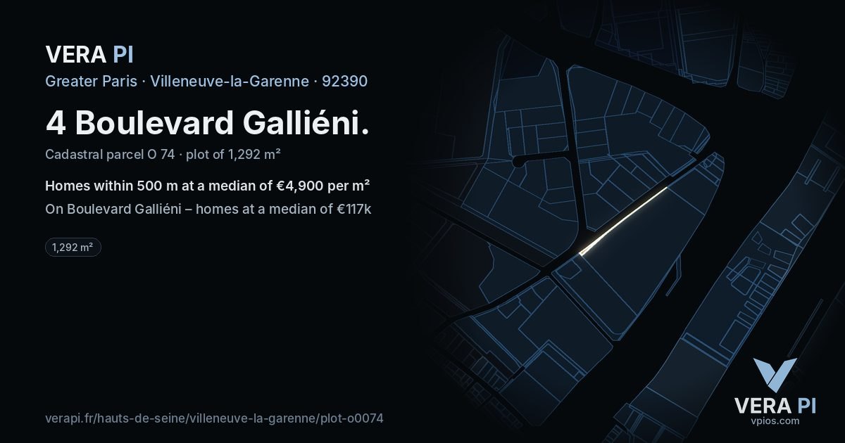 4 Boulevard Galliéni, Villeneuve-la-Garenne at night – the plot lit, the parcels around coloured by the prices near them