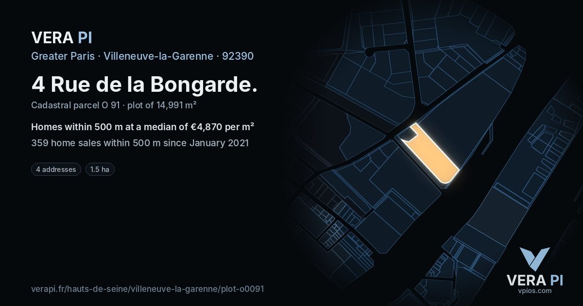 4 Rue de la Bongarde, Villeneuve-la-Garenne at night – the plot lit, the parcels around coloured by the prices near them