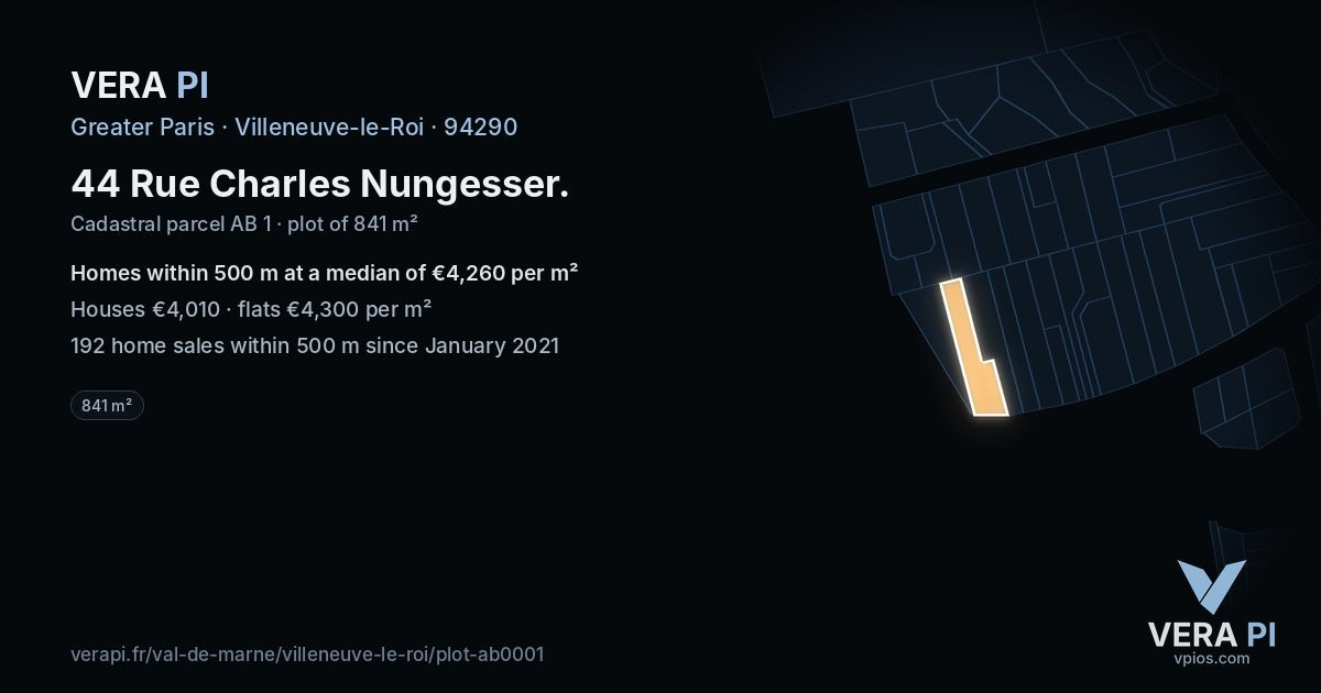 44 Rue Charles Nungesser, Villeneuve-le-Roi at night – the plot lit, the parcels around coloured by the prices near them