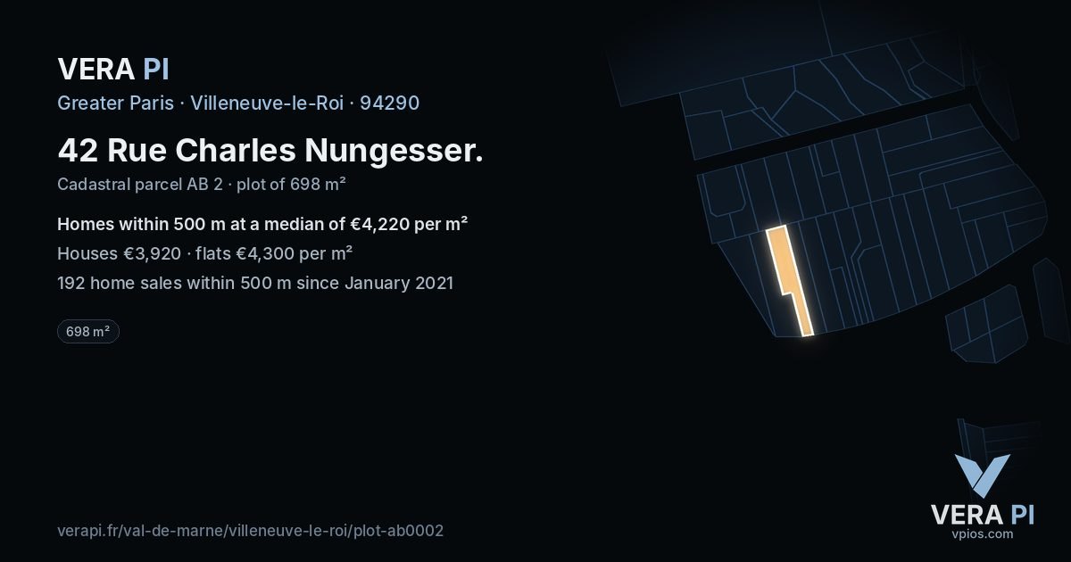 42 Rue Charles Nungesser, Villeneuve-le-Roi at night – the plot lit, the parcels around coloured by the prices near them