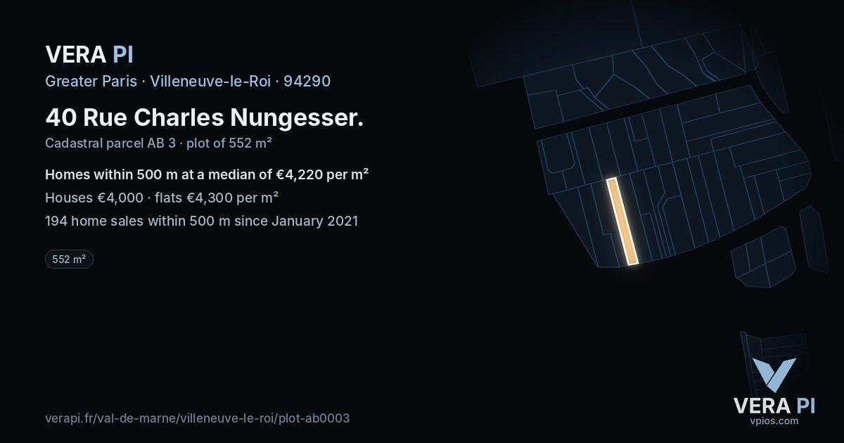 40 Rue Charles Nungesser, Villeneuve-le-Roi at night – the plot lit, the parcels around coloured by the prices near them
