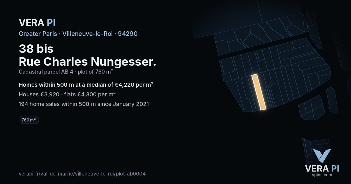 38 bis Rue Charles Nungesser, Villeneuve-le-Roi at night – the plot lit, the parcels around coloured by the prices near them