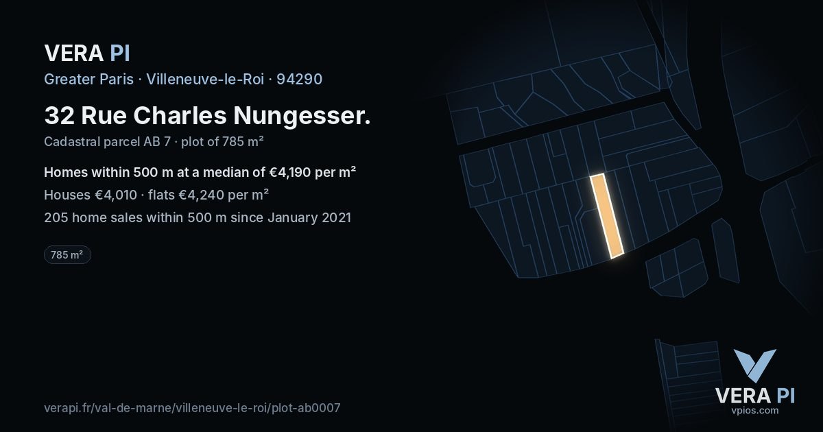 32 Rue Charles Nungesser, Villeneuve-le-Roi at night – the plot lit, the parcels around coloured by the prices near them