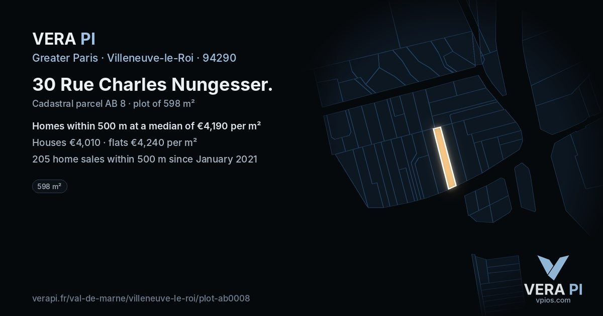 30 Rue Charles Nungesser, Villeneuve-le-Roi at night – the plot lit, the parcels around coloured by the prices near them