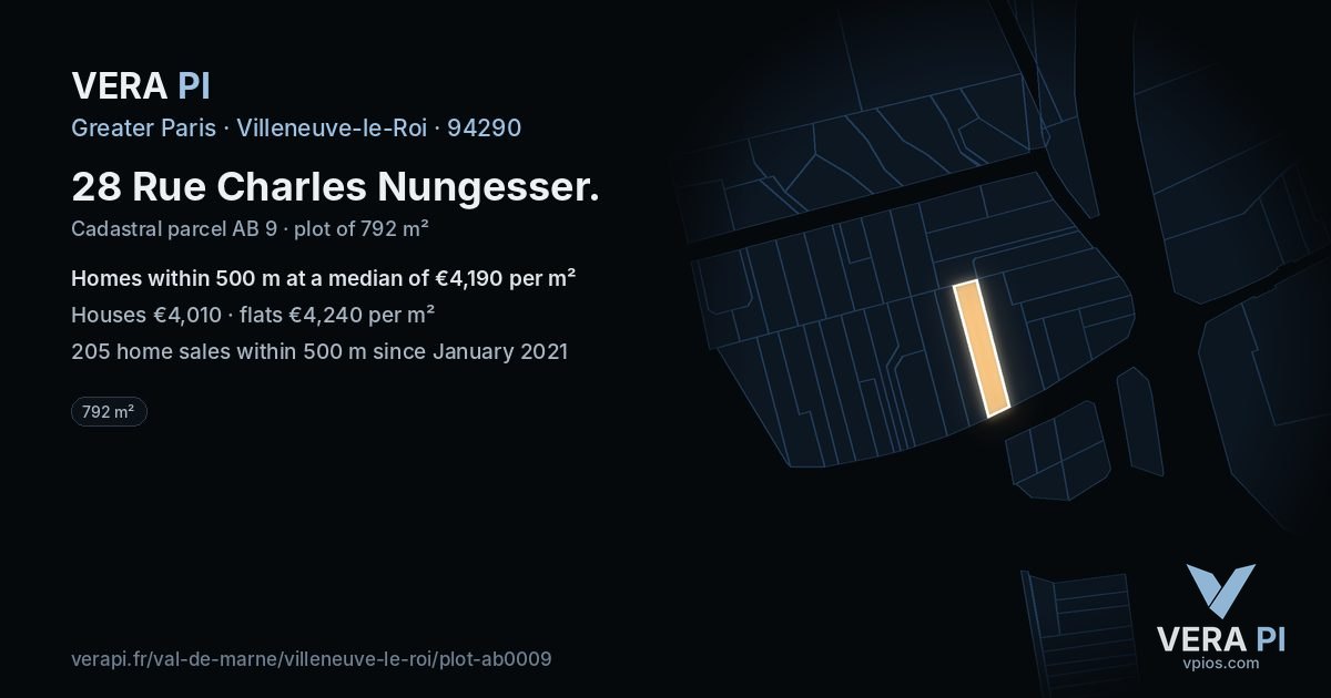 28 Rue Charles Nungesser, Villeneuve-le-Roi at night – the plot lit, the parcels around coloured by the prices near them