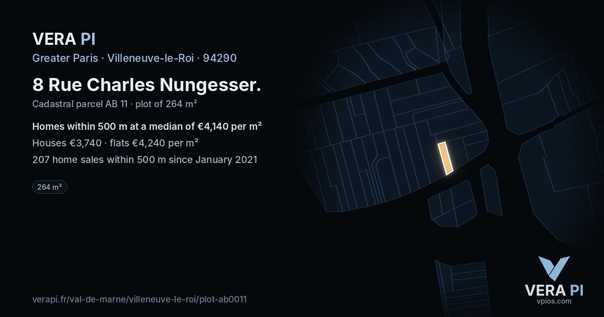 8 Rue Charles Nungesser, Villeneuve-le-Roi at night – the plot lit, the parcels around coloured by the prices near them