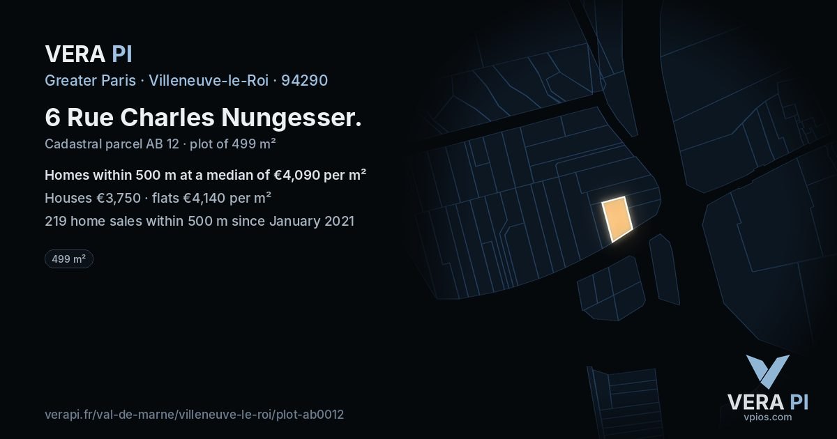 6 Rue Charles Nungesser, Villeneuve-le-Roi at night – the plot lit, the parcels around coloured by the prices near them