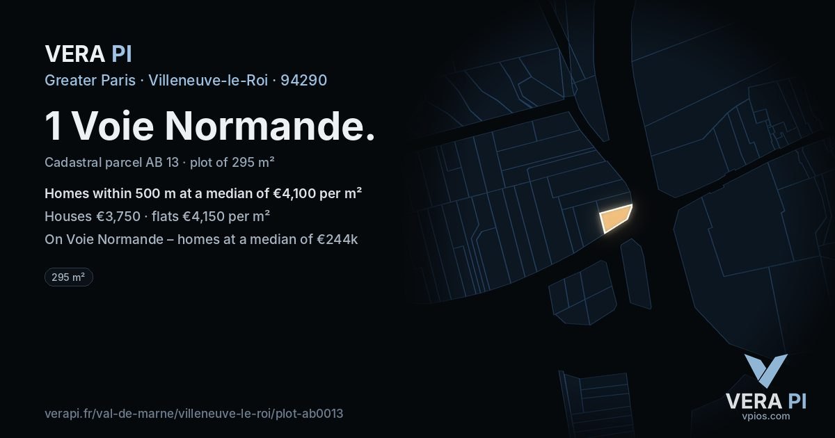 1 Voie Normande, Villeneuve-le-Roi at night – the plot lit, the parcels around coloured by the prices near them