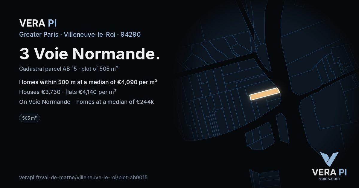 3 Voie Normande, Villeneuve-le-Roi at night – the plot lit, the parcels around coloured by the prices near them