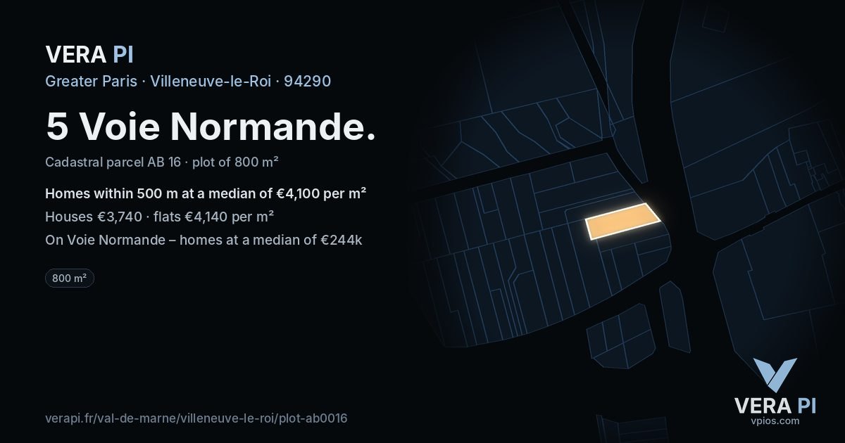 5 Voie Normande, Villeneuve-le-Roi at night – the plot lit, the parcels around coloured by the prices near them