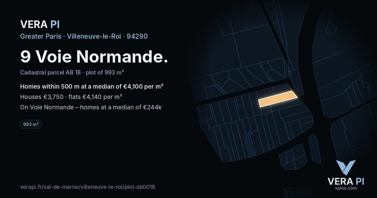 9 Voie Normande, Villeneuve-le-Roi at night – the plot lit, the parcels around coloured by the prices near them