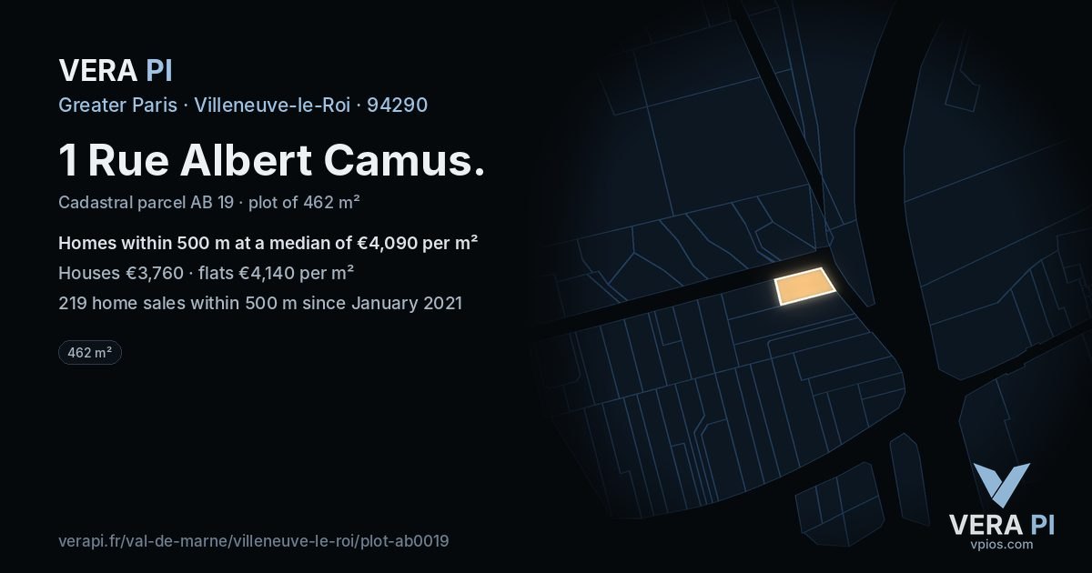 1 Rue Albert Camus, Villeneuve-le-Roi at night – the plot lit, the parcels around coloured by the prices near them