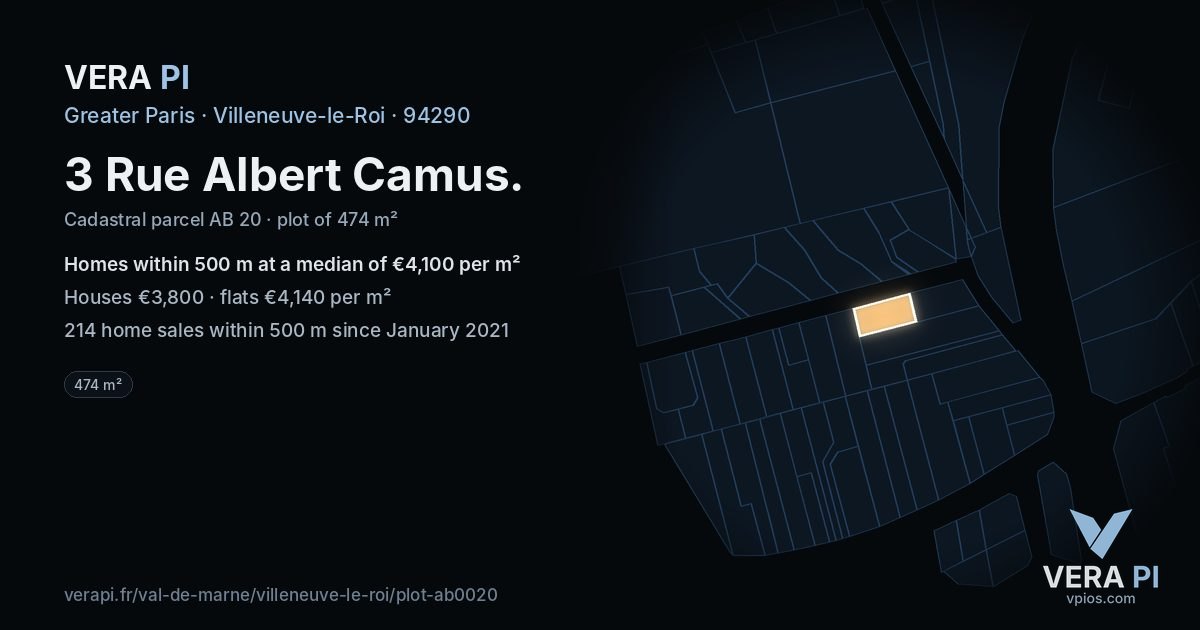 3 Rue Albert Camus, Villeneuve-le-Roi at night – the plot lit, the parcels around coloured by the prices near them