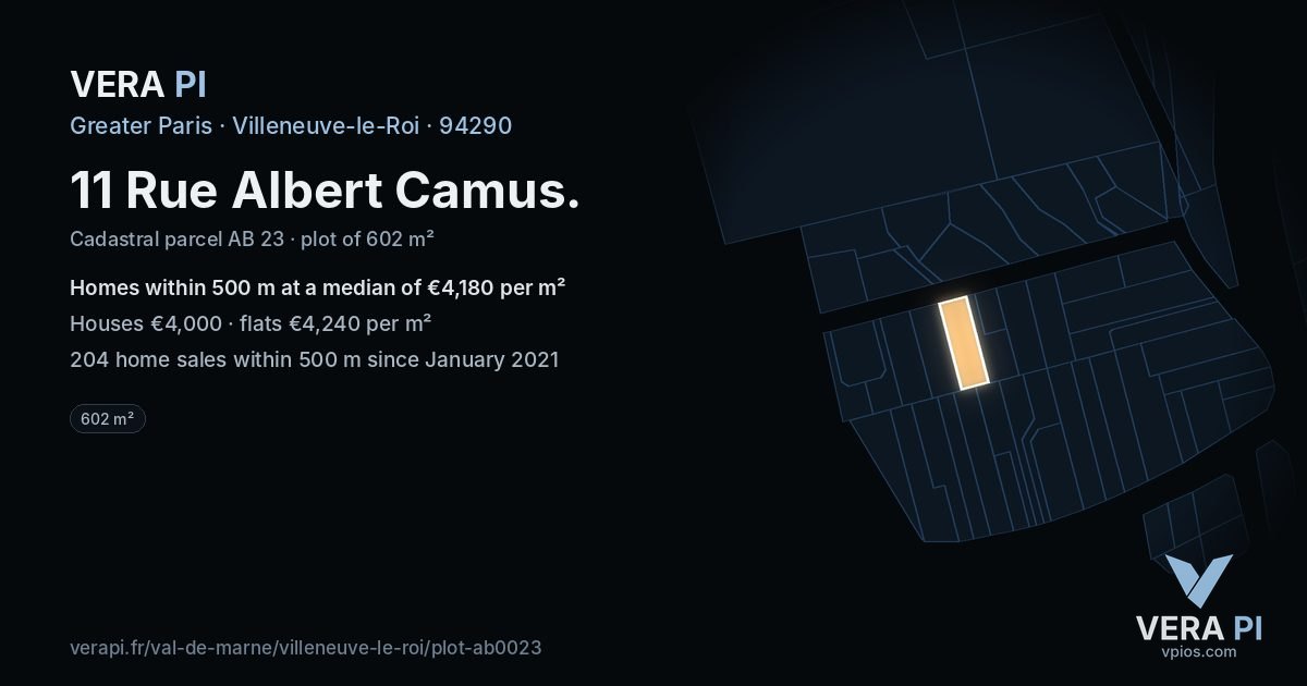 11 Rue Albert Camus, Villeneuve-le-Roi at night – the plot lit, the parcels around coloured by the prices near them
