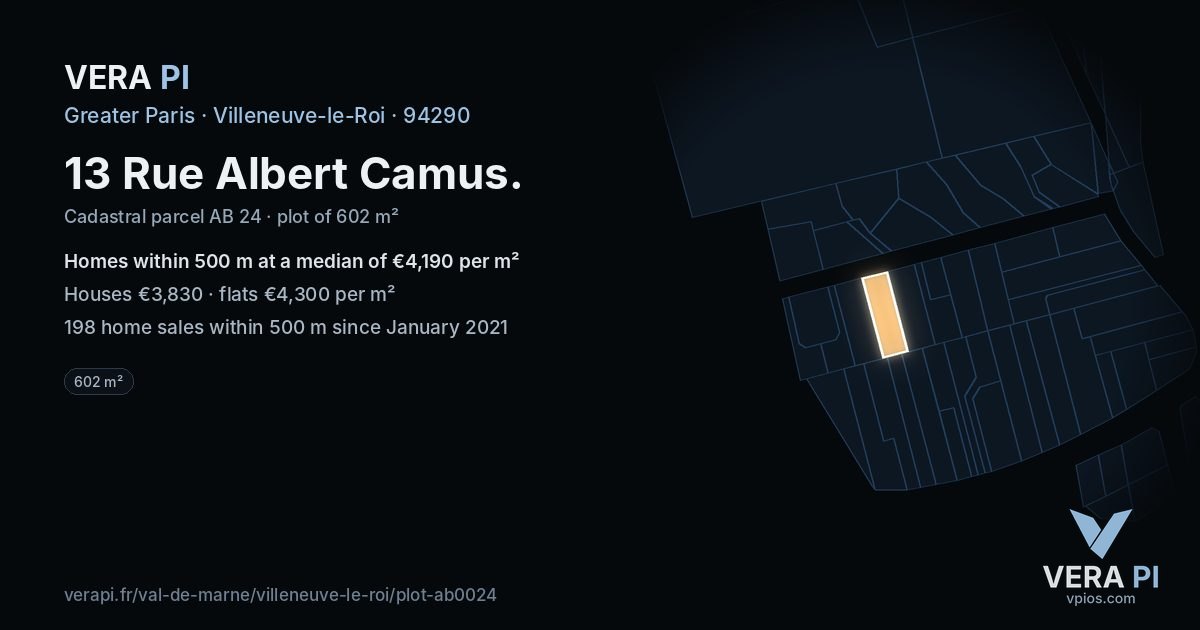 13 Rue Albert Camus, Villeneuve-le-Roi at night – the plot lit, the parcels around coloured by the prices near them