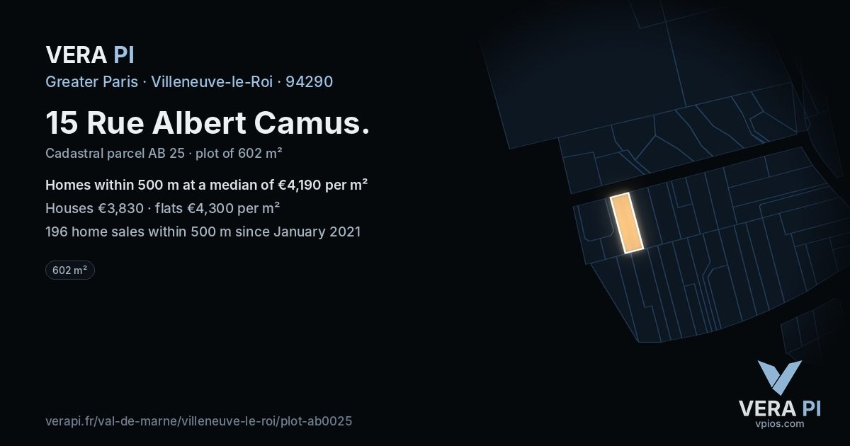 15 Rue Albert Camus, Villeneuve-le-Roi at night – the plot lit, the parcels around coloured by the prices near them