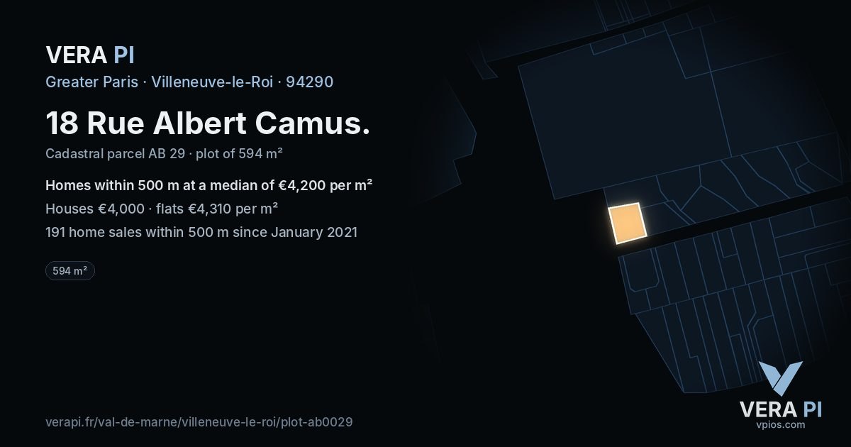 18 Rue Albert Camus, Villeneuve-le-Roi at night – the plot lit, the parcels around coloured by the prices near them