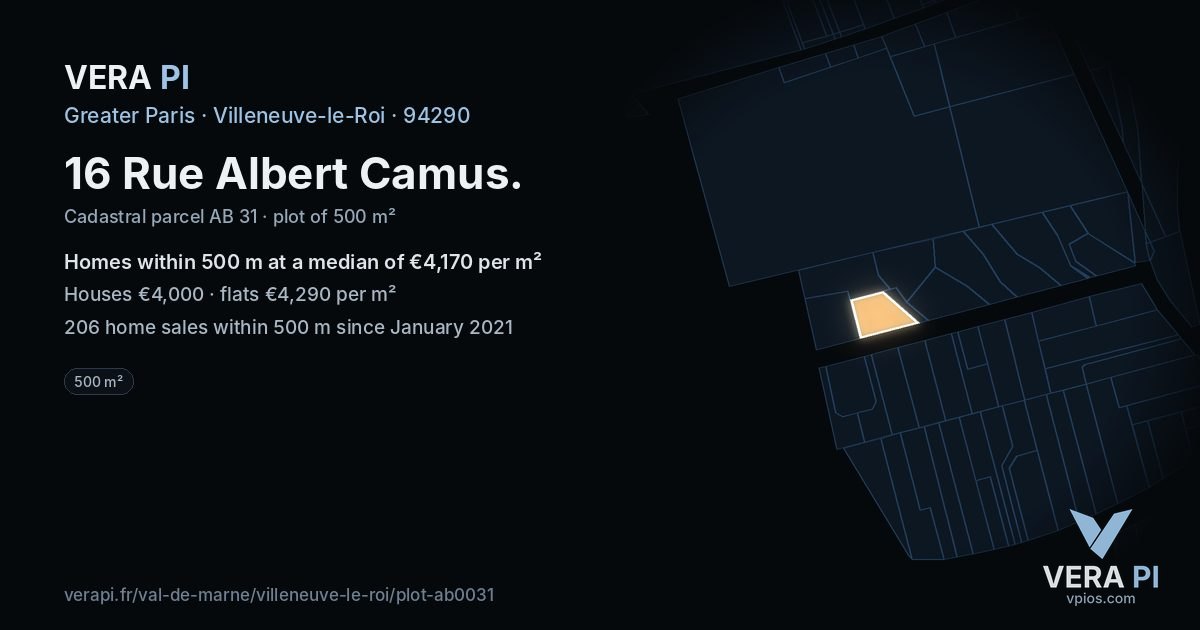 16 Rue Albert Camus, Villeneuve-le-Roi at night – the plot lit, the parcels around coloured by the prices near them