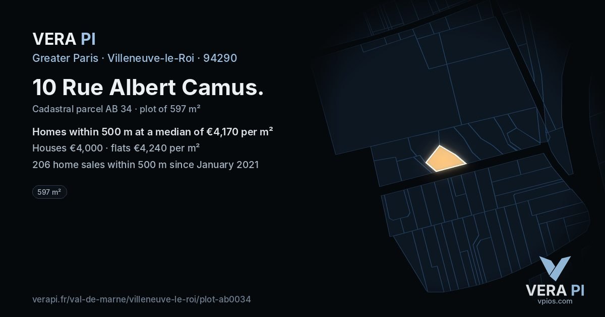 10 Rue Albert Camus, Villeneuve-le-Roi at night – the plot lit, the parcels around coloured by the prices near them