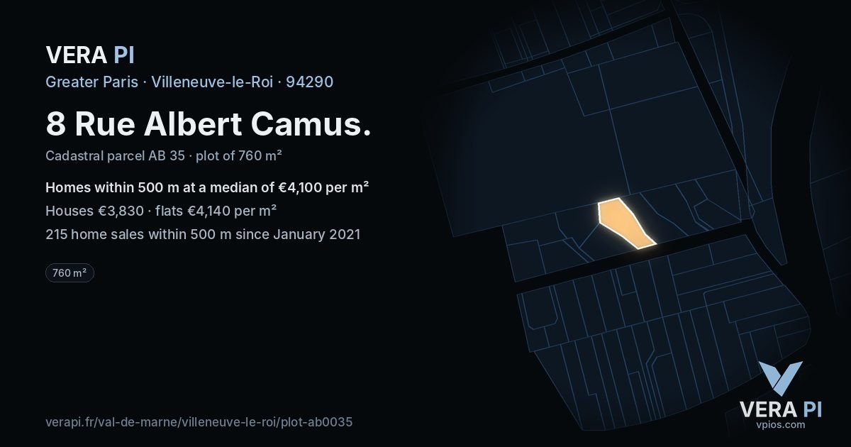 8 Rue Albert Camus, Villeneuve-le-Roi at night – the plot lit, the parcels around coloured by the prices near them