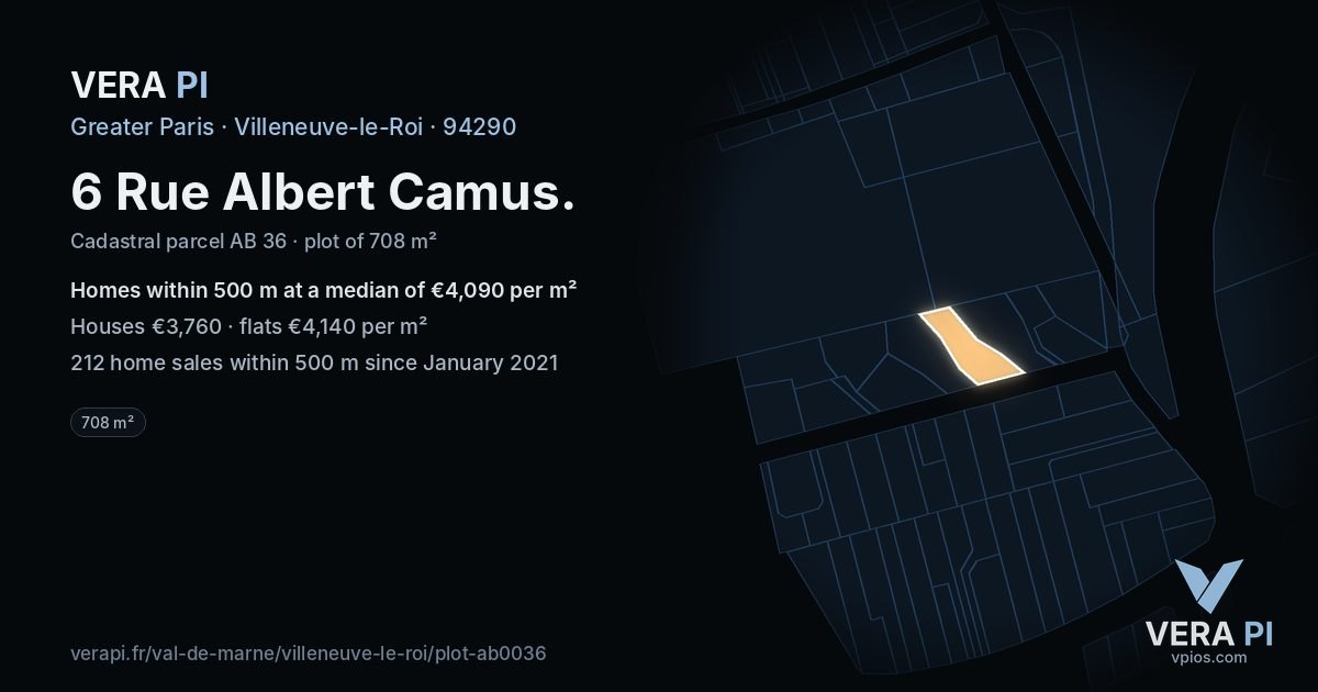 6 Rue Albert Camus, Villeneuve-le-Roi at night – the plot lit, the parcels around coloured by the prices near them